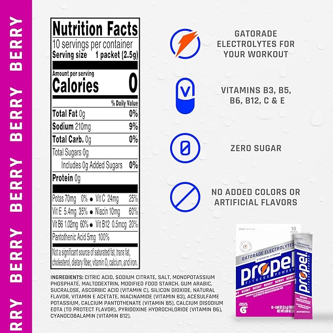 Propel Electrolyte Enhanced Water Drink Mix Powder Packets Berry Zero Calorie &amp Sugar Hydration with Electrolytes and Vitamins C &amp E (120 Packets) (Pack of 2)