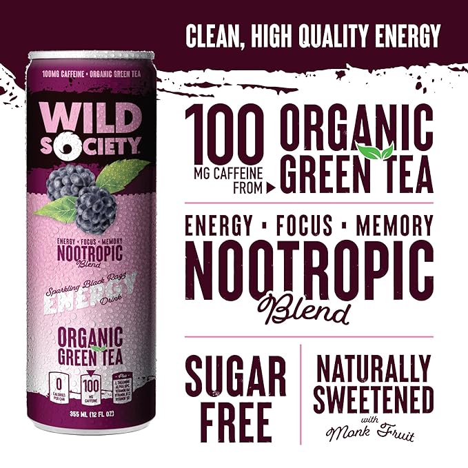 Wild Society Natural Energy Drink + Nootropics (12 pack) - 100 mg Organic Caffeine from Green Tea - Zero Sugar &amp Zero Calories - Monk Fruit Sweetened - Clean Ingredients - Fuel Mind &amp Body - B