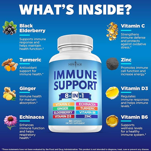 8 in 1 Immune Support Booster Supplement with Echinacea Vitamin C and Zinc 50mg Vitamin D 5000 IU Turmeric Curcumin &amp Ginger B6 Elderberry (8 in 1 Capsules (Pack of 5))