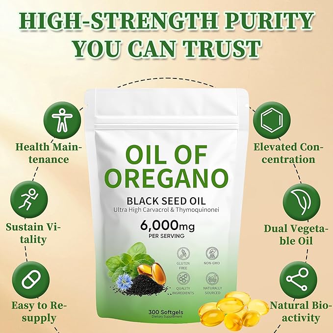 Oil of Oregano Softgels 300 Count Non-GMO | 2 in 1 Formulated with 4X Strength Carvacro | Black Seed Oil l &amp Thymoquinone | Plant Based