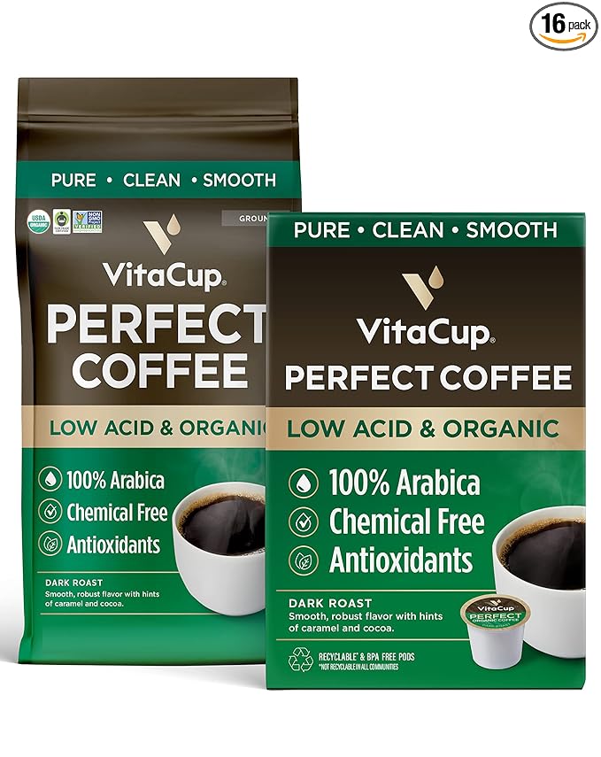 VitaCup Perfect Low Acid Coffee Bundle Pure &amp Smooth USDA Organic &amp Fair Trade Mycotoxin Free Dark Roast |16 CT Pods &amp 11 oz Organic Ground Coffee