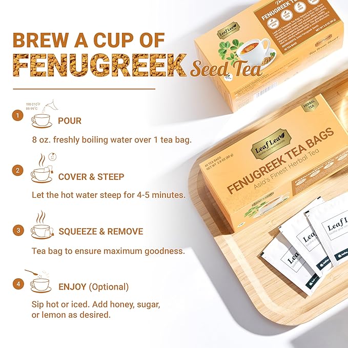 LeafLea 80 Premium Fenugreek Tea Bags Natural Fenugreek Seed for Toasty Flavor &amp Sweet Aroma Fenogreco Tea with Gentle Warmth Caffeine-Free Sugar-Free Vegan Individually Wrapped for Freshnes