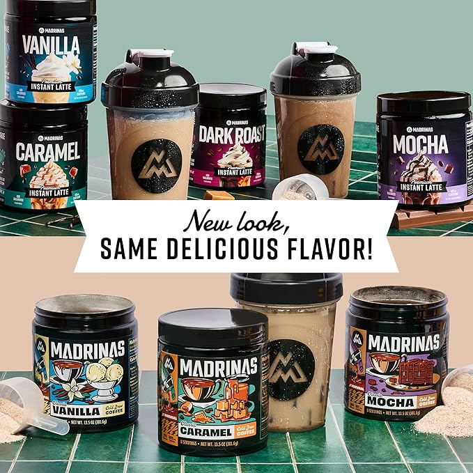 Premium All-Natural Vanilla Flavored Instant Coffee Cold Brew Latte Mix - 8 Servings - High Caffeine Rich &amp Flavorful Gluten-Free Convenient | MADRINAS
