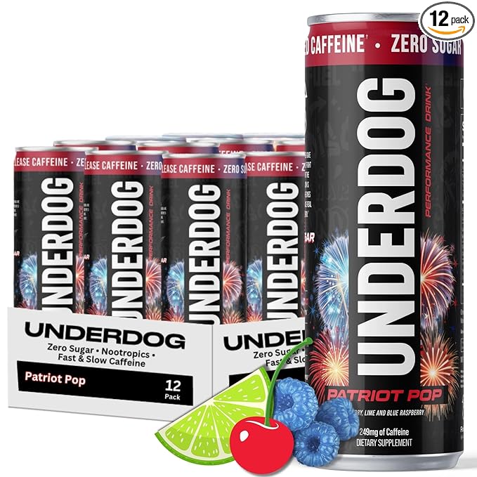 Underdog Performance Energy Drink Patriot Pop Nootropics Green Tea Extract Citrulline Clean Sugar Free Fast &amp Slow Release 249mg Caffeine per Serving No Artificial Additives 12 Pack