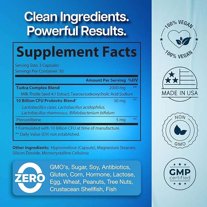 2000mg Advanced TUDCA Supplement - Max Absorption TUDCA Bile Salts with 4:1 Milk Thistle and Probiotics - Supports Liver Detox &amp Cleanse Gallbladder Gut &amp Kidney Health - 90 Vegan Capsules
