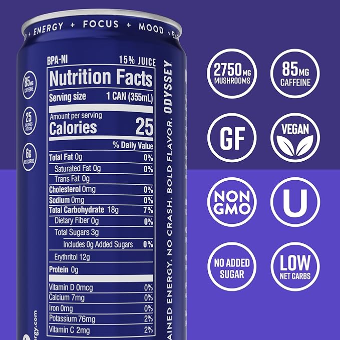 Odyssey Functional Energy Drink for Focus Cognition &amp Mood Support 12 Pack - Adaptogenic Drink with 85mg Green Tea Caffeine Lions Mane Cordyceps L-Theanine &amp Ginseng Sparkling Blackberry