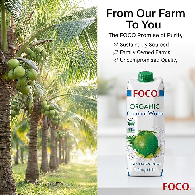 FOCO UHT Organic Coconut Water 33.8 Fl Oz Pack of 6 NON-GMO Never from Concentrate