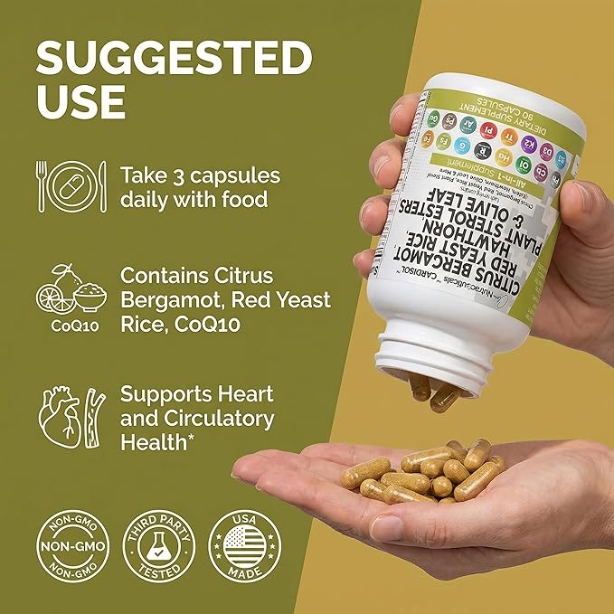 Clean Nutraceuticals Citrus Bergamot Red Yeast Rice Capsules with Plant Sterols - with Hawthorn Extract Olive Leaf Niacin Vitamin K3 D3 COQ10 Guggul &amp More