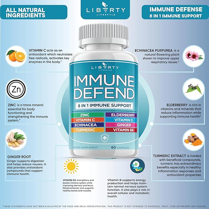 8 in 1 Immune Supplement with Echinacea Vitamin C and Zinc 50mg Vitamin D 5000 IU Turmeric Curcumin &amp Ginger B6 Elderberry 180 Count (Pack of 3)