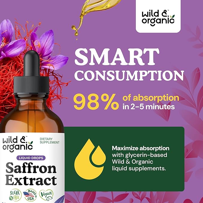 Wild &amp Organic Saffron Supplements 88.5 mg - 5-Month Supply - Saffron Extract Drops for Mood Focus Eye Support - Crocus Sativus Liquid Extract - Vegan Alcohol &amp Sugar-Free Tincture - 4 fl o