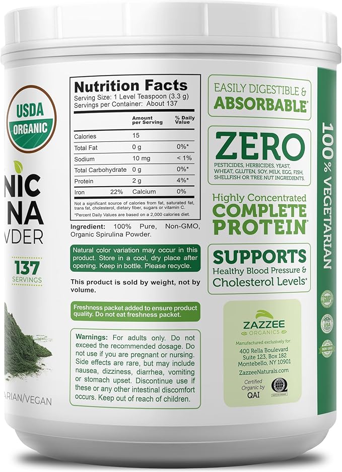 Zazzee USDA Organic Spirulina Powder 16 Ounces (1 LB) 137 Servings Certified Kosher 100% Pure Non-Irradiated Mess-Free Wide Mouth Container Fresh Smell and Neutral Taste Non-GMO Made in USA