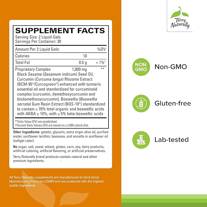 Terry Naturally CuraMed Acute Pain Relief - Supplement with BCM-95 Curcumin &amp BOS-10 Boswellia - Black Sesame Seed Oil to Support Relief of Occasional Discomfort - 60 Liquid Gels