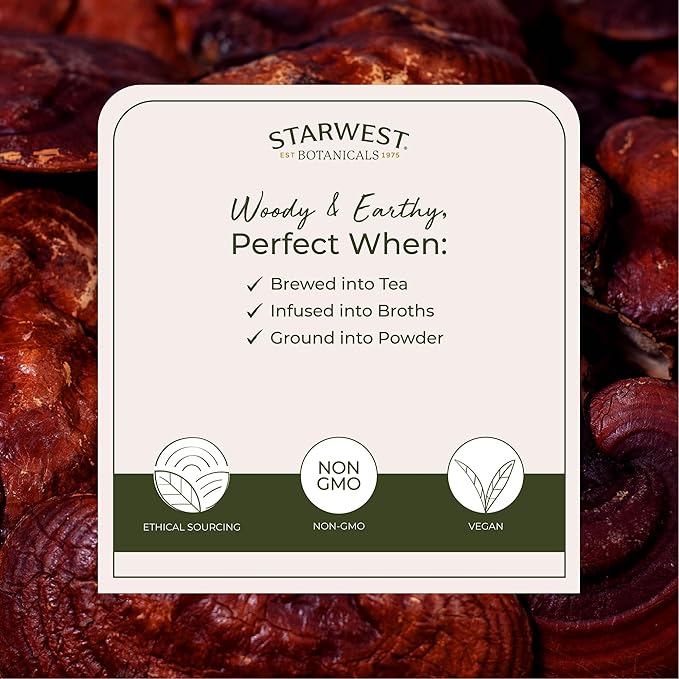Starwest Botanicals Red Reishi Mushrooms Whole Organic - Dried Reishi Mushrooms for Herbal Tea &amp Cooking Ganoderma Lucidum Certified Kosher Non-GMO - 4 oz Pouch
