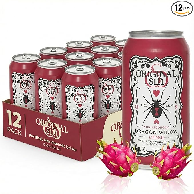 Original Sin Non Alcoholic Cider - Dragon Widow | Sparkling Apple Cider Vinegar Drink with 25% Fruit Juice | Sugar Free Non Alcoholic Drinks- Dragon Fruit Flavour