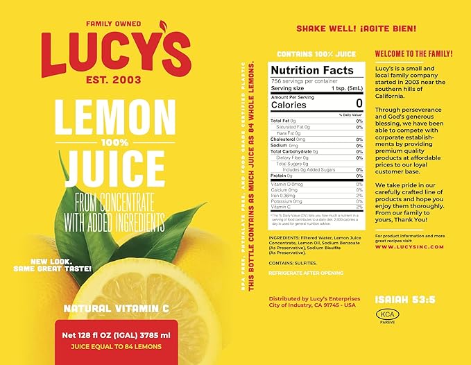 Lucy’s Family Owned - 100% Lemon Juice Gallon 128fl oz.