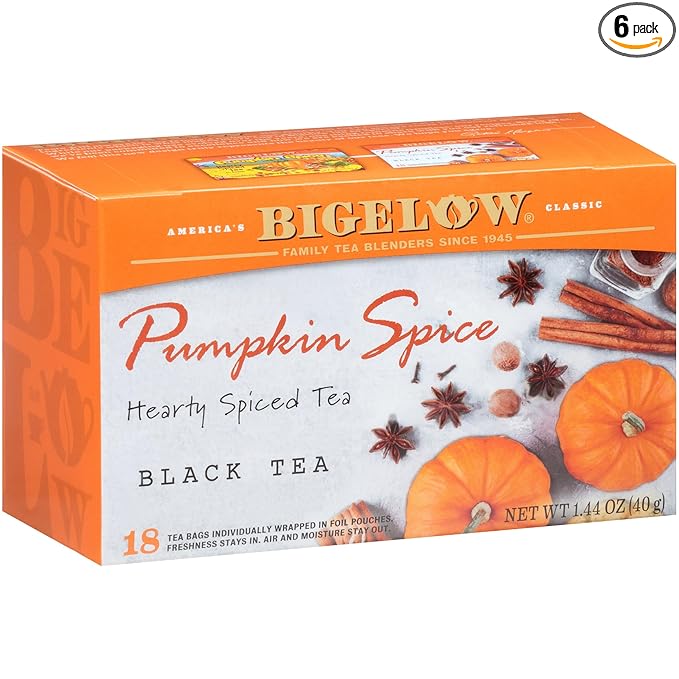 Bigelow Tea Pumpkin Spice Black Tea Caffeinated Tea with Pumpkin Pie Flavor Holiday and Christmas Tea 18 Count Box (Pack of 6) 108 Tea Bags Total