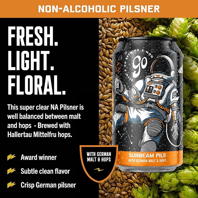 Go Brewing Non-Alcoholic Beer - Small Batch Low-Calorie Brew - Fresh Light and Floral Profile - Bold &amp Smooth Finish Craft Beer - Classic Ingredients - Suspended in a Sunbeam Pils (12 Oz 12 Ca