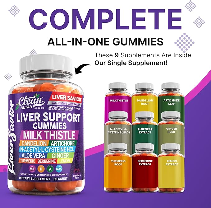 Clean Nutra Liver Cleanse Detox &amp Repair Gummies | Milk Thistle Gummy Liver Support Vitamins | Dandelion Artichoke Aloe Vera Ginger Berberine Lemon N-Acetyl-L-Cysteine Turmeric Supplement H