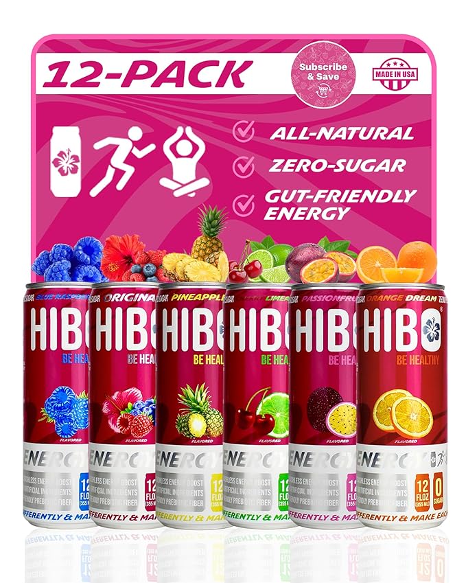 HIBO Healthy Energy Drinks Sugar Free – Gluten-Free &amp Gut-Friendly Prebiotic Fiber with 140 mg Caffeine &amp 60 mg Green Coffee Extract Electrolytes &amp Vitamins A C &amp D – Supports Immun