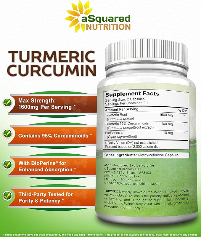 aSquared Nutrition Turmeric Curcumin 1600mg with BioPerine Black Pepper Extract - 180 Capsules with 95% Curcuminoids 100% Natural Tumeric Root Powder Supplements Natural Joint Stiffness Relief Pills