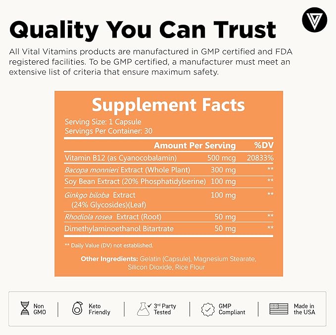 Vital Vitamins Brain Supplements with Bacopa Monnieri - for Memory and Focus – Nootropic Brain Booster - Caffeine-Free Support for Adults &amp Seniors – Non-GMO 30-Day Supply 30 Capsules