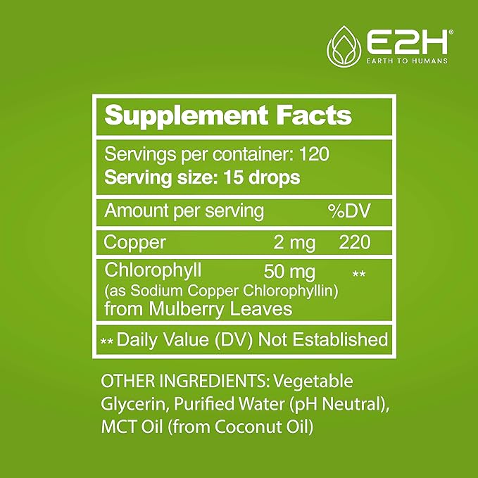 E2H Chlorophyll Liquid Drops - All-Natural Flavored Energy Booster Immune System Support and Internal Deodorant - Vegan - Gluten Free - Non-GMO - 2 Fl Oz