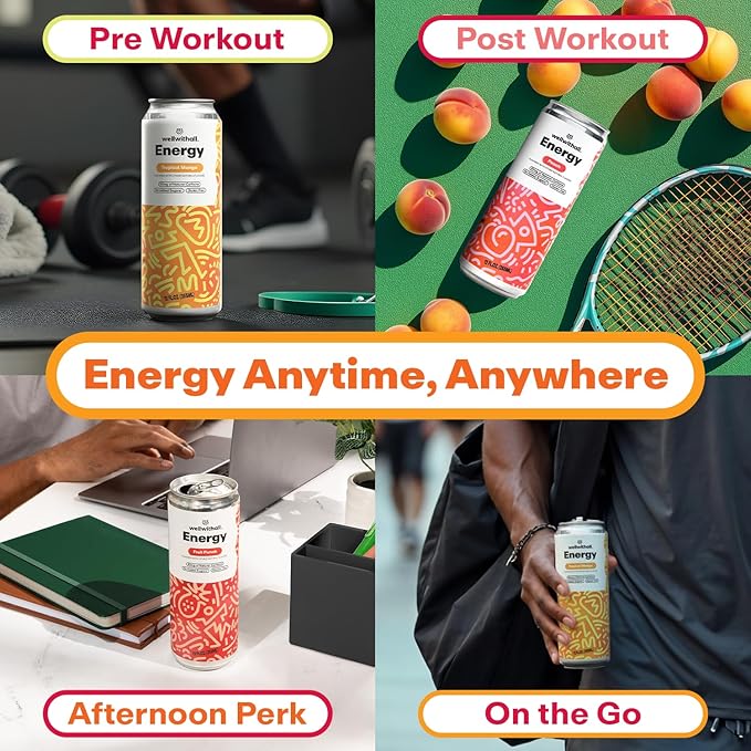 WellWithAll Energy Drink Variety Pack Fruit Punch Tropical Mango Peach Flavors Caffeine from Tea With Vitamin C Lightly Sparkling Beverage Juice Blend 12 oz 12-Pack