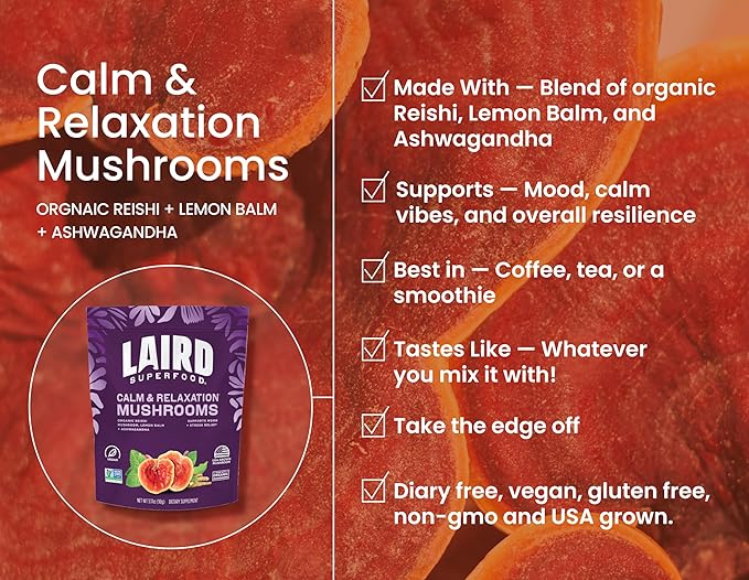 Laird Superfood Organic Calm and Relax Mushroom Blend with Reishi Lemon Balm and Ashwagandha 3.17 oz. Bag Pack of 1