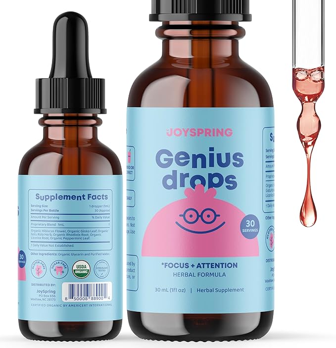 JoySpring Genius Drops Attention and Focus Supplement for Kids and Saffron Supplements for Kids &amp Teens for Enhanced Mood and Focus