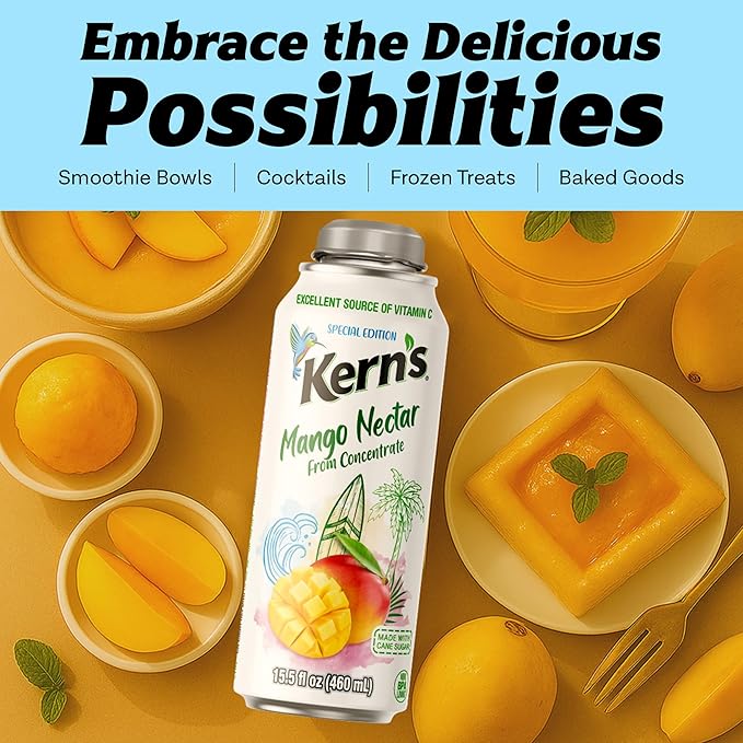 Kern’s Mango Nectar Lata Botella - Made with Fresh Fruit Puree - Mango Juice Concentrate for Tropical Fruit Smoothie Mix Cocktail Mixers &amp Kids Beverages - 15.5oz 12 Pack Resealable Juice Bottle