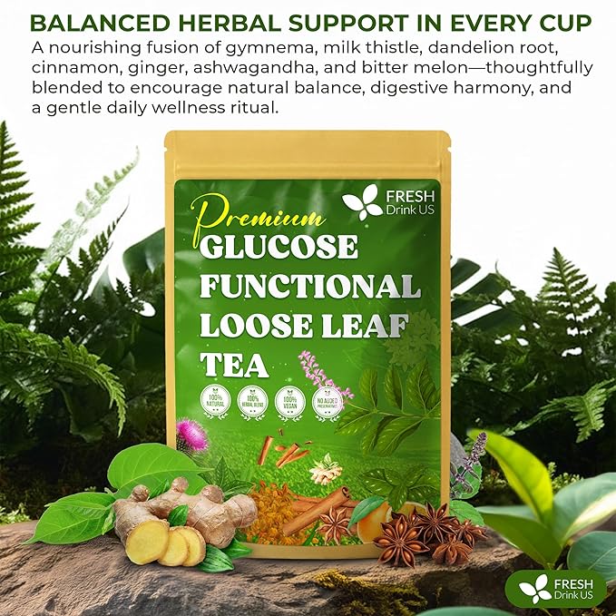 FreshDrinkUS Glucose Functional Loose Leaf Tea | 4oz | Herbal Blend of Gymnema Milk Thistle Dandelion Root Cinnamon &amp Ashwagandha – Naturally Caffeine-Free Premium Quality Balanced Flavor. V