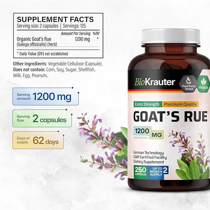BIO KRAUTER® Goats Rue for Breastfeeding - Pure Vegan Lactation Supplement - Goat’s Rue 250 Capsules 1200 mg per Serving - Natural Supplements for Women - No Fillers Non-GMO 62-Day Supply