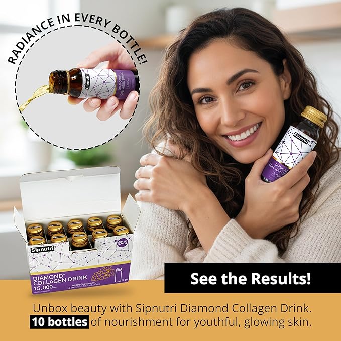 Diamond Collagen Drink -15000mg Marine Collagen Peptides Liquid Shots for Women &amp Men Hydrolyzed with Vitamin C &amp Pomegranate Grape Flavor Supports Skin Hair Nail Health -1.69 fl oz x10