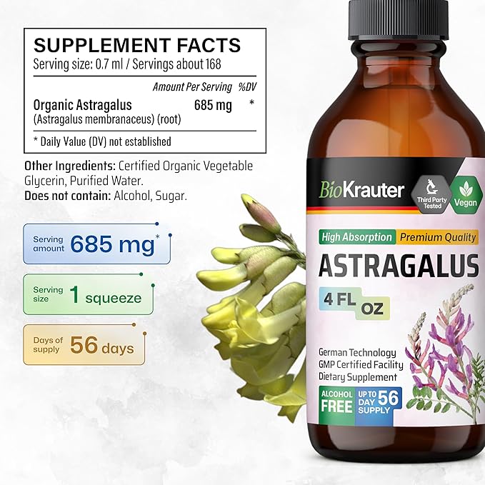 BIO KRAUTER® Astragalus for Immune Support - Vegan Astragalus Root Herbal Supplements 685 mg for Daily Wellness - Liquid Extract 4 Fl.Oz. 56 Days of Supply Alcohol &amp Sugar Free