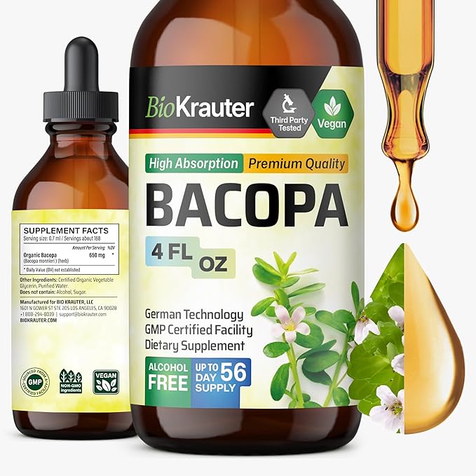 BIO KRAUTER® Bacopa Monnieri - Liquid Drops Bacopa Extract (Brahmi Powder) 650 mg per Serving 4 Fl.Oz 56-Day Supply - Pure Vegan Brain Supplement Supports Calm Focus &amp Memory - Alcohol &amp Sug