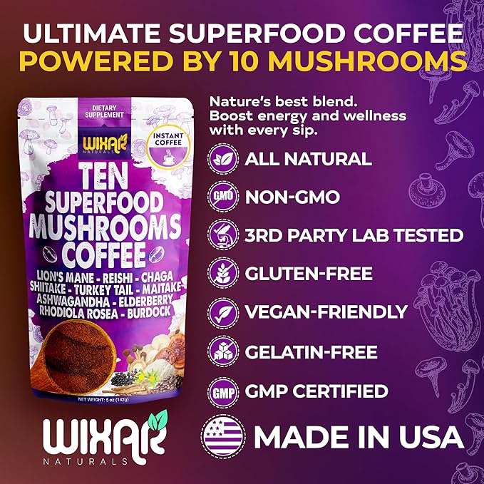 WIXAR Superfood Mushroom Coffee - Instant Coffee Powder Ten Superfood Extracts with Lion's Mane Turkey Tail Reishi Chaga Shiitake Ashwagandha Rhodiola Rosea Elderberry 5oz Mushroom Supplement