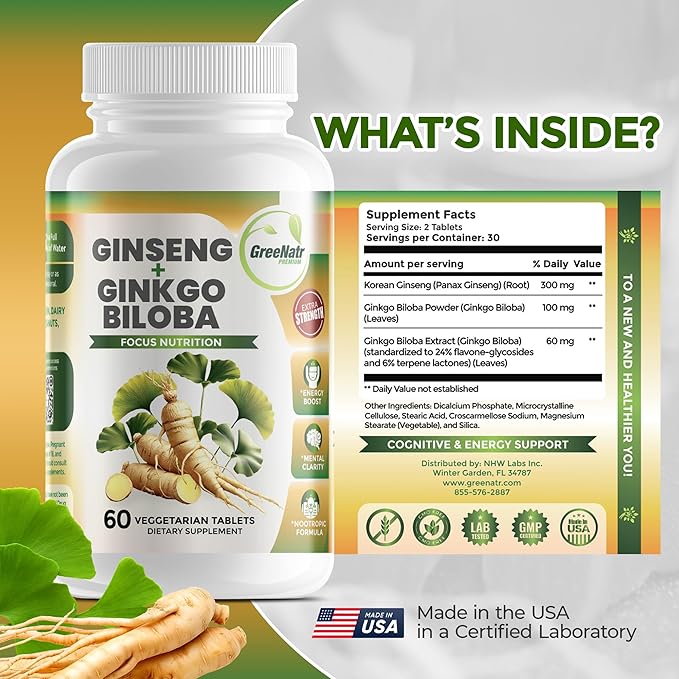 GreeNatr Ginko Biloba &amp Panax Ginseng Supplement - Red Ginseng for Memory and Focus - Ginkgo Biloba for Good Vision Immune System and Improved Blood Flow (360 Tablets: 6 Bottles)