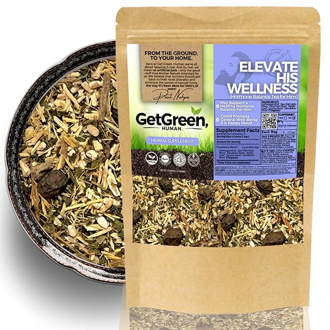 Healthy Hormone Balance Loose Leaf Tea For Him w/ Ashwagandha Saw Palmetto Berry | Organic Herbal Tea | 2 oz (57 gram) | Decaf Vegan Healthy No Caffeine Organic Herbs No Natural or Artificial F