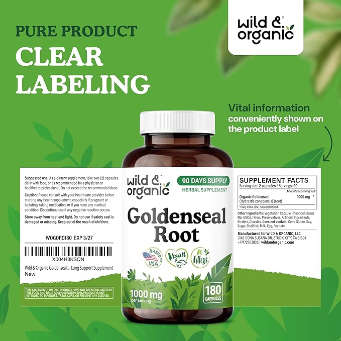 Wild &amp Organic Goldenseal Root Capsules 1000mg - Immune &amp Lung Support - 180 Goldenseal Powder Capsules - 90 Days Supply - Vegan No Fillers Non-GMO
