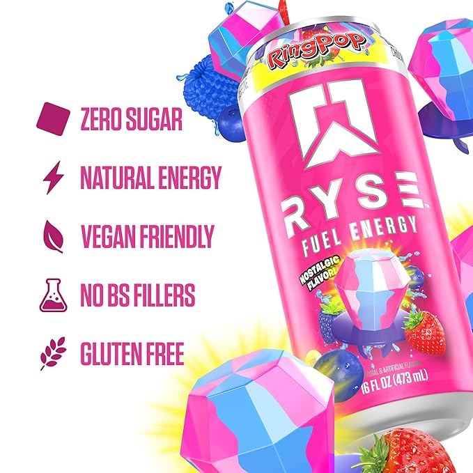 RYSE Fuel Energy Drink - Ring Pop Berry Blast - Sugar Free Gluten Free &amp Vegan - 200mg Natural Caffeine Taurine &amp Choline for Focus &amp Energy - No Artificial Colors - 16 fl oz Cans (12-Pa