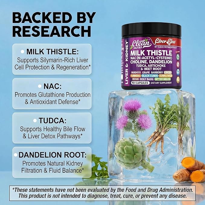 Clean Nutra Organic Milk Thistle Supplement | Liver Cleanse Detox &amp Repair + NAC Choline Dandelion Root TUDCA Artichoke Beet Root Burdock Holy Basil Kidney &amp Liver Support 90 Vegan Capsules