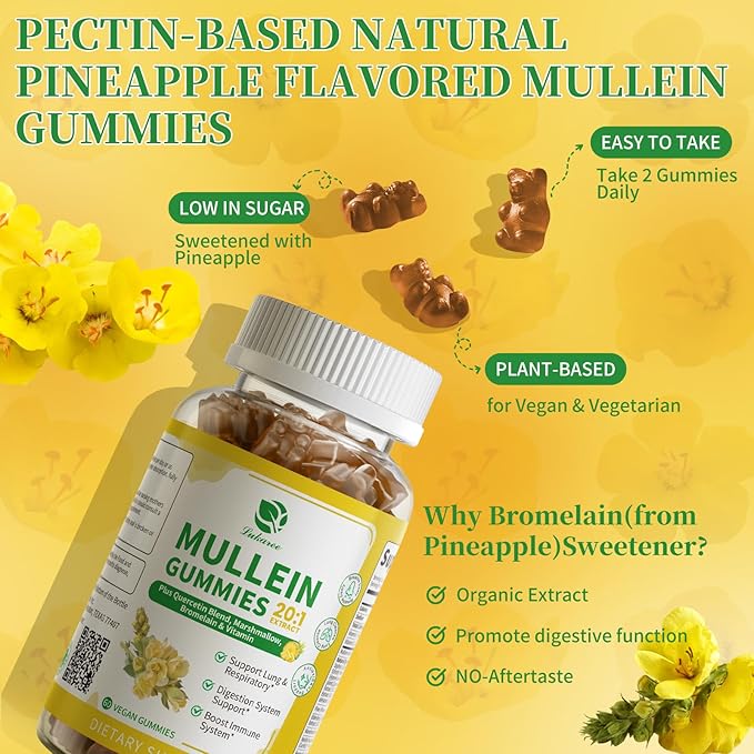 (2 Pack) 9 in 1 Mullein Gummies for Lung Cleanse &amp Lymphatic Drainage* Extra Strength Mullein Leaf Extract w/Quercetin Bromelain Elderberry &amp Marshmallow for Respiratory &amp ImmunityVega