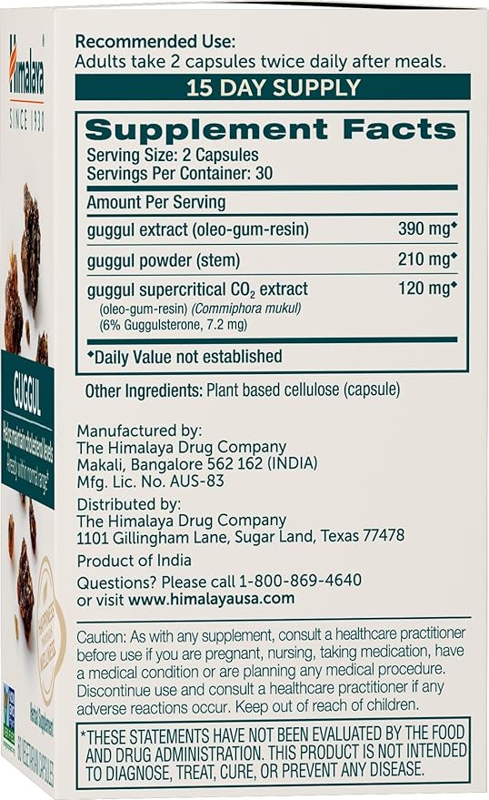 Himalaya Guggul Cholesterol Supplement for Healthy LDL HDL and Triglyceride Levels 750 mg 60 Vegetarian Capsules 1 Month Supply 2 Pack