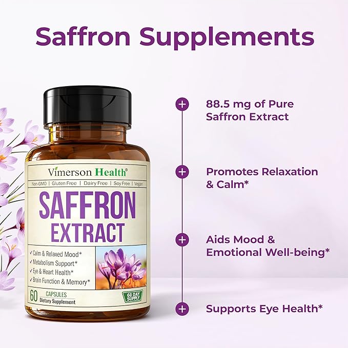 Pure Saffron Supplements for Women &amp Men w/ 88.5mg Saffron Extract – Mood Support Supplement Plus Eye Health – Azafran Safron Spice Alternative to Gummies or Powder – 60 Vegan Count – 2 Month Supp