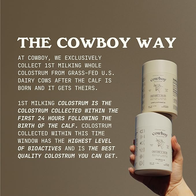 Cowboy - The Exclusive 1st Milking Whole Grass Fed Colostrum Supplement for Full Body Health - Bovine Colostrum Powder Packed w/Bioactive Nutrients - Sugar Free (Vanilla 40 Servings)