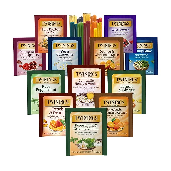 Twinings 48 Tea Bags Herbal Variety Pack – 12 Herbal Flavors with 20 Honey Sticks Perfect Tea Gift Set for Any Occasion