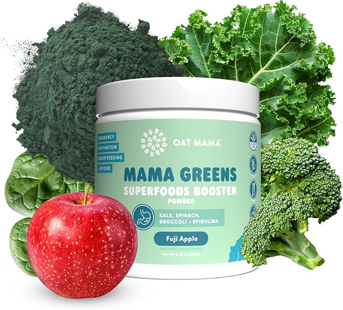 Oat Mama 'Mama Greens' Superfoods Booster - Fuji Apple Flavor - Greens Powder with Kale Spinach Broccoli &amp Spirulina - Nutrient-Rich Support for Pregnancy &amp Postpartum - 30 Servings (180g)