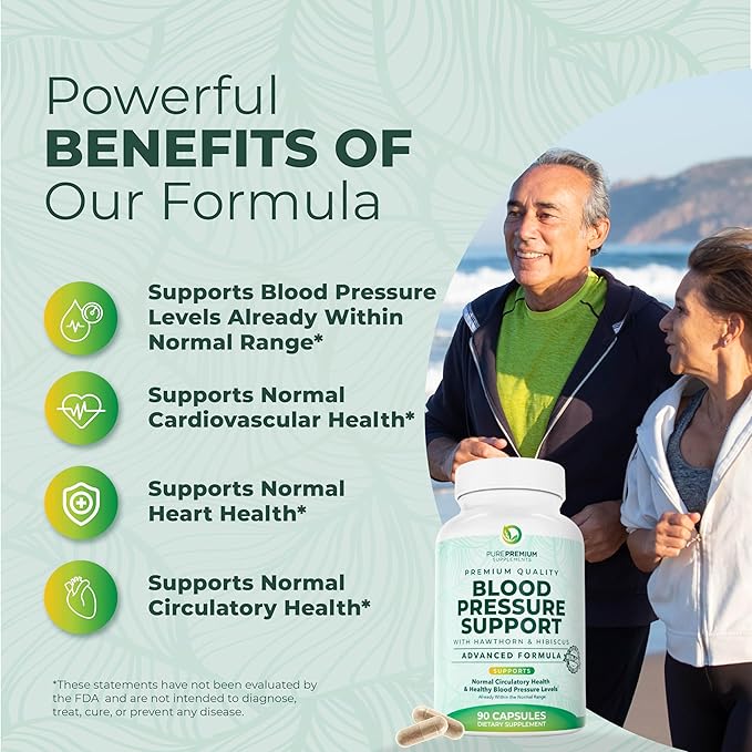 PurePremium Blood Pressure Supplements with Hawthorn Berry Hibiscus Garlic &amp Vitamin B12- Nitric Oxide Supplement for Normal Heart Health Circulation Health &amp Blood Pressure Support - 90ct