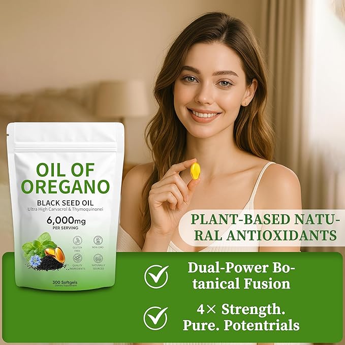 Oil of Oregano Softgels 300 Count Non-GMO | 2 in 1 Formulated with 4X Strength Carvacro | Black Seed Oil l &amp Thymoquinone | Plant Based