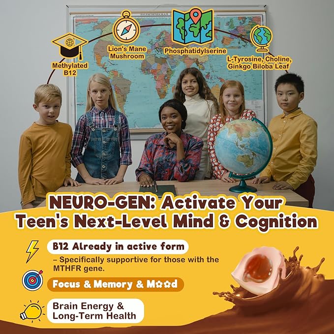 Neviss Kids 10+ Focus Brain Gummies w/Lion's Mane B6 Methyl B12 Mushroom Filled Gummy for Teen &amp Adults Memory &amp Energy Phosphatidylserine L-Tyrosine Choline Beetroot Ginkgo Biloba Su